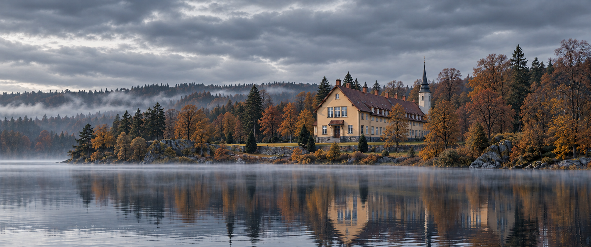 AI-genererad illustration med byggnaden utformad efter referensbilder av Lundsbergs skola, i ett molnigt höstlandskap vid en sjö